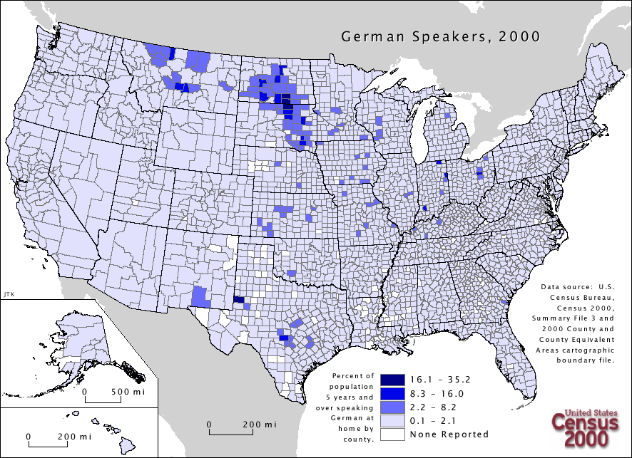 Wo wird in den USA Deutsch gesprochen. Dargestellt auf der Karte von Census