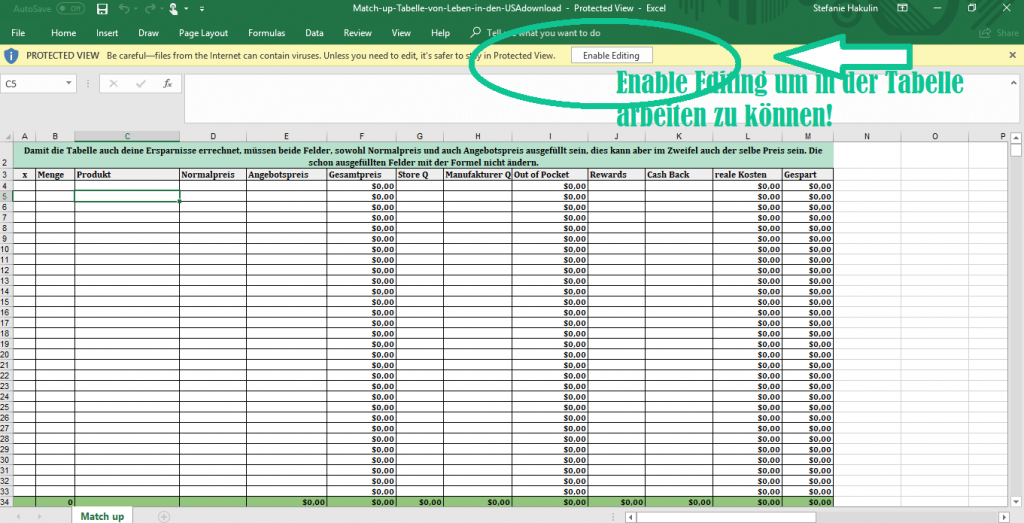 Erstelle deine Einkaufsliste zum Couponen mit Match up mit dieser Excel Tabelle